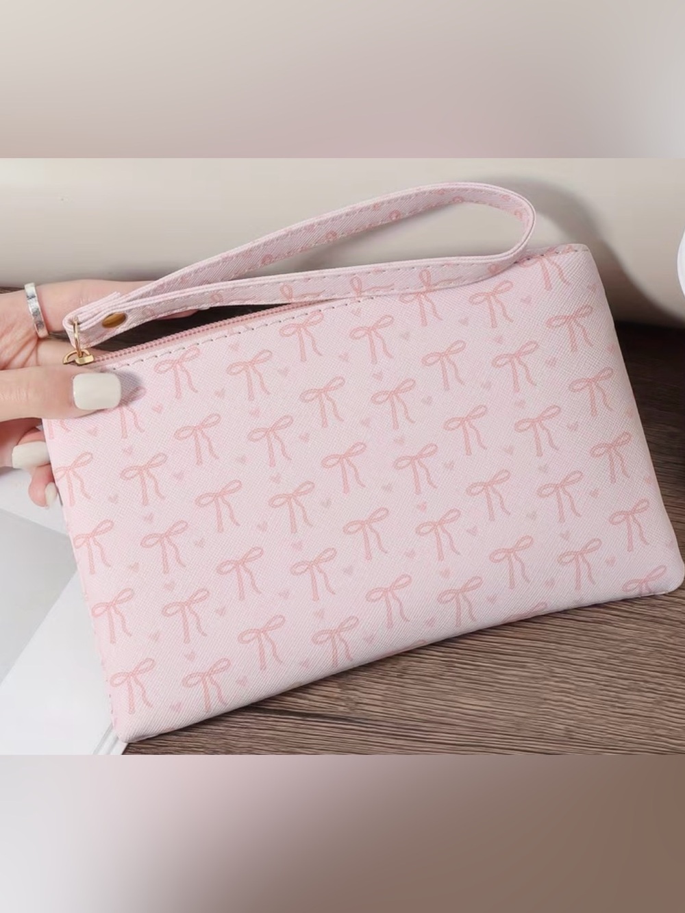 Pink Bow-Print Wristlet Bag